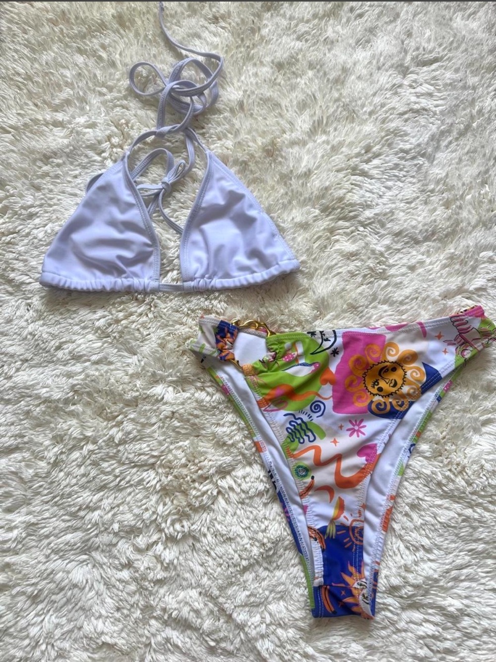 White Triangle Bikini Top with Colorful Printed Bikini Bottom
